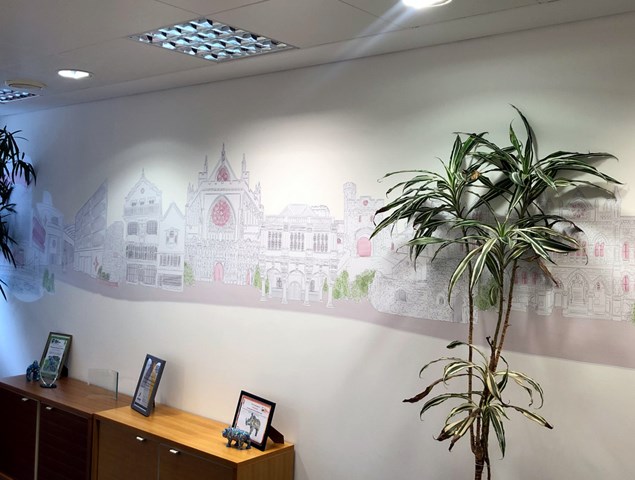 Interior Wallpaper For Princesshay, Exeter,  A Striking Graphic Featuring Historic Buildings And Exeter’s Skyline. Printed And Fitted By Signs Express (Exeter)