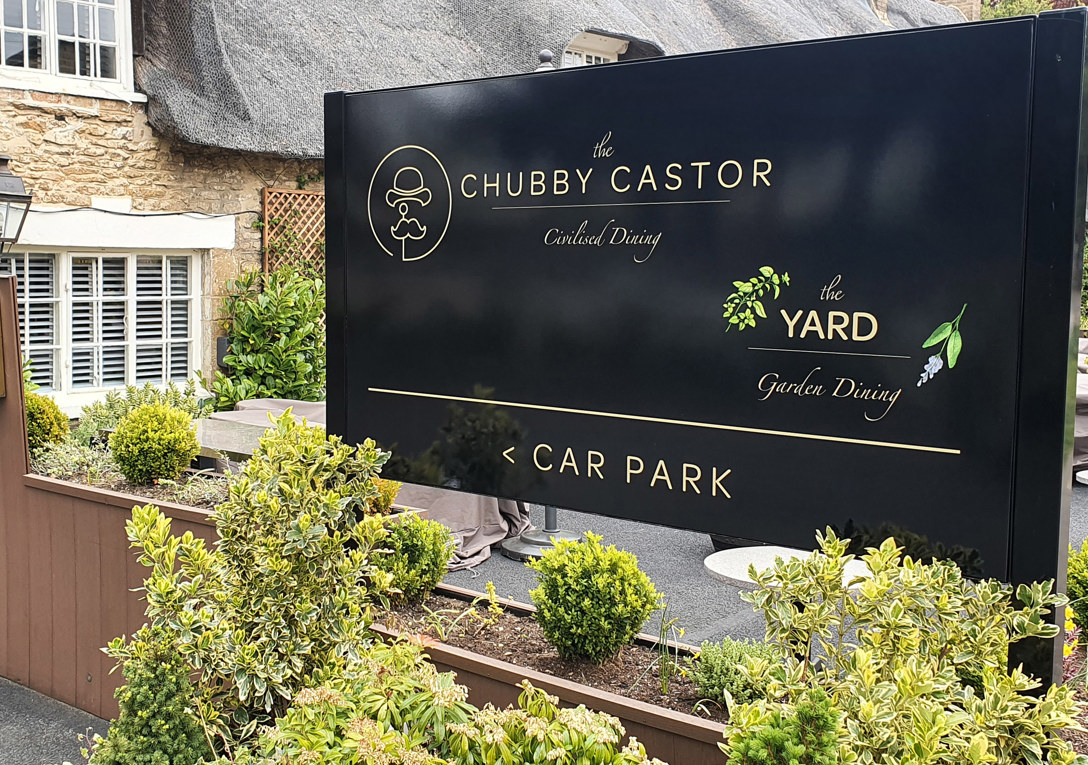 Gloss black finish aluminium post and panel sign for The Chubby Castor