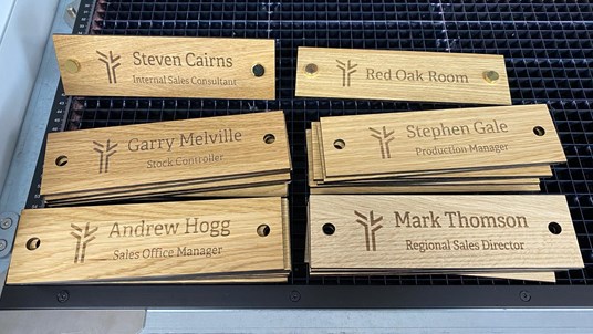 International Timber Grangemouth, Laser engraved timber desk signs